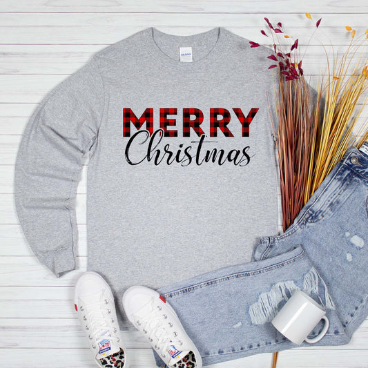 Merry Christmas Long Sleeved Shirt, Buffalo Plaid Shirt